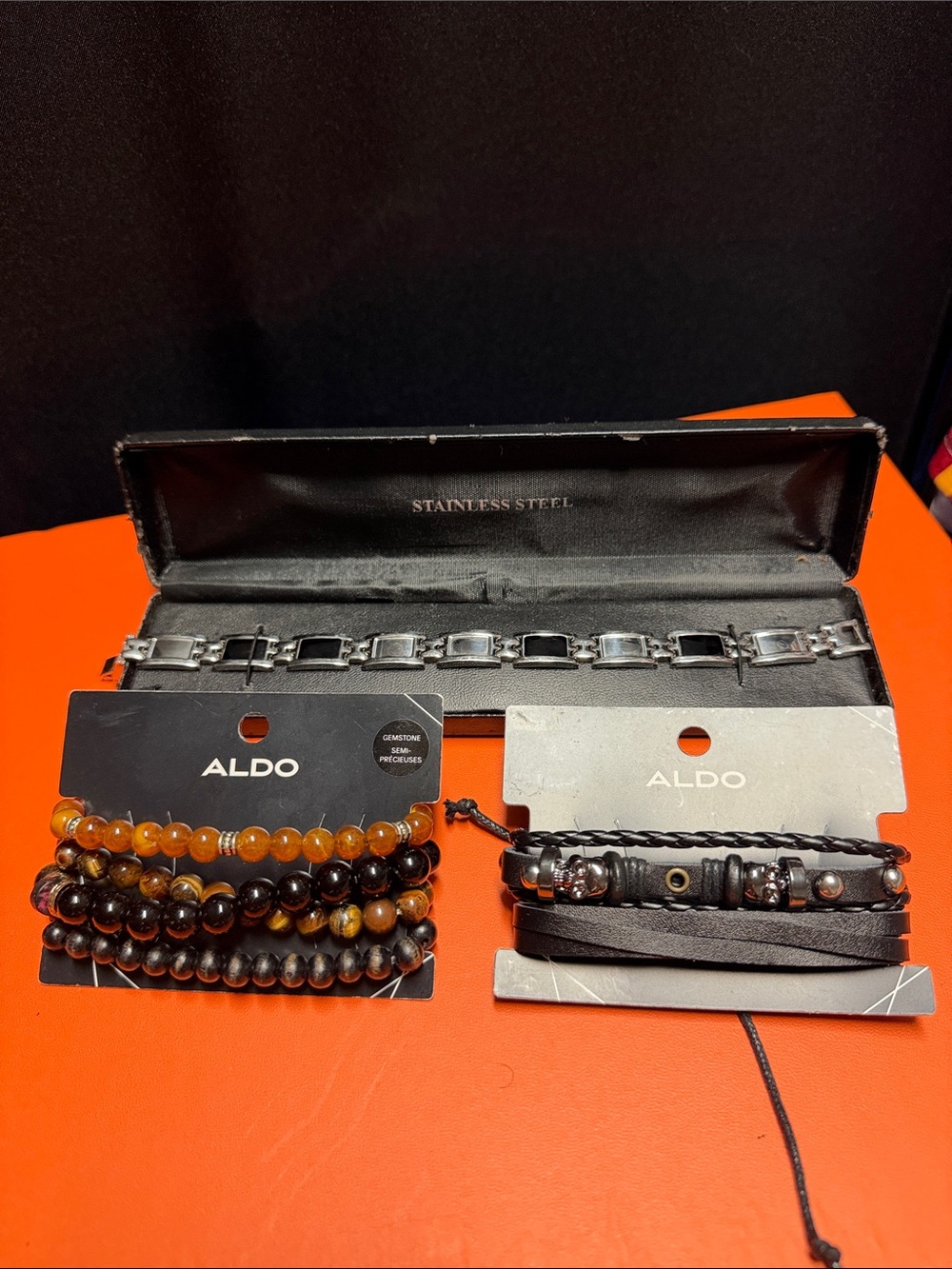Aldo Layered Beaded and Leather Bracelet Set in Brown & Black
